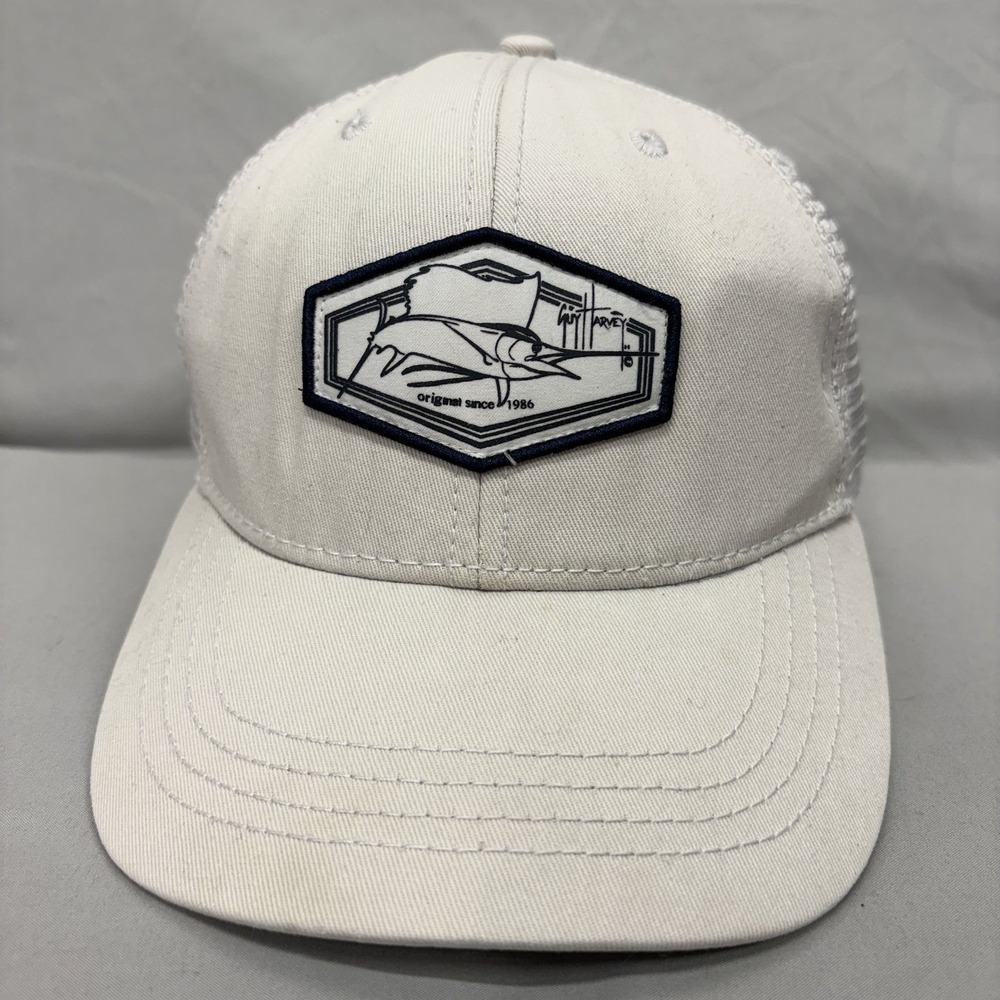 Guy Harvey Trucker Hat Marlin Fish Patch Mens OSFA Cream White Snapback